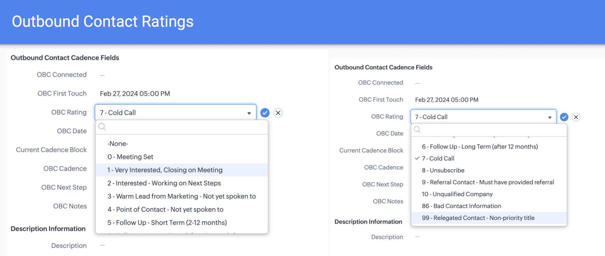 Outbound Contact lead ratings chart