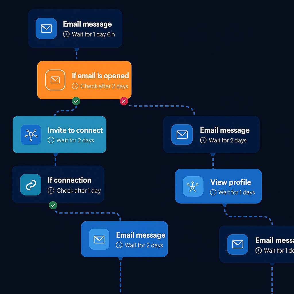 Initial outreach flow diagram for automated email and LinkedIn sequence