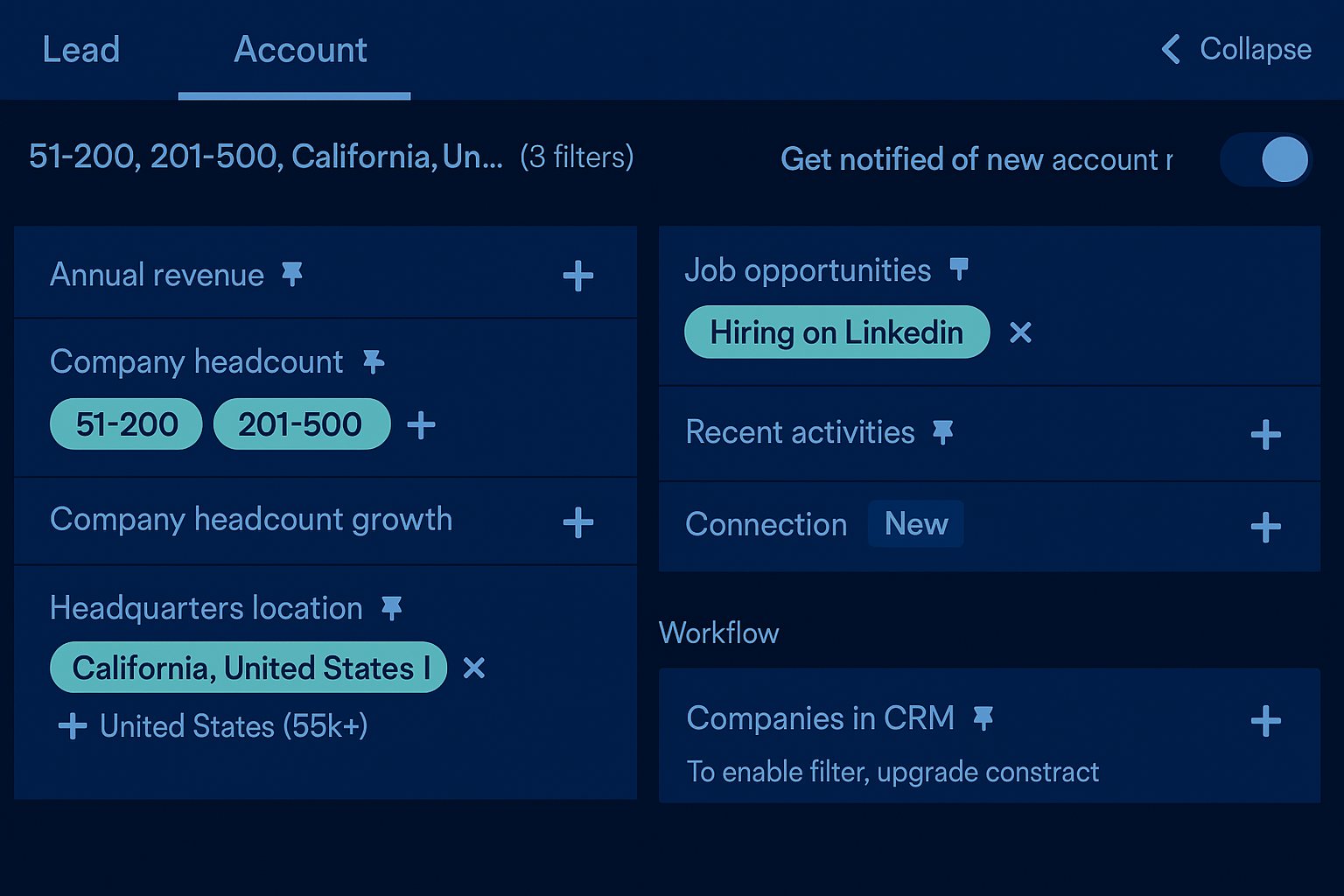 LinkedIn account filtering interface