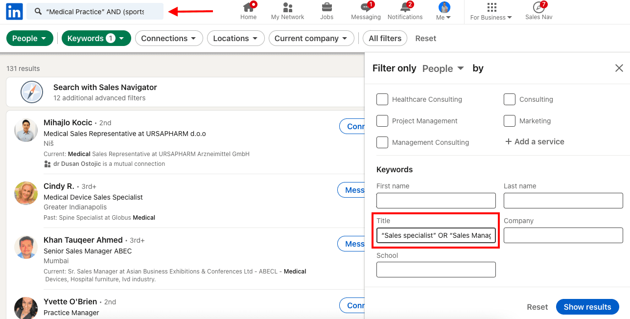 LinkedIn search filters and keywords example