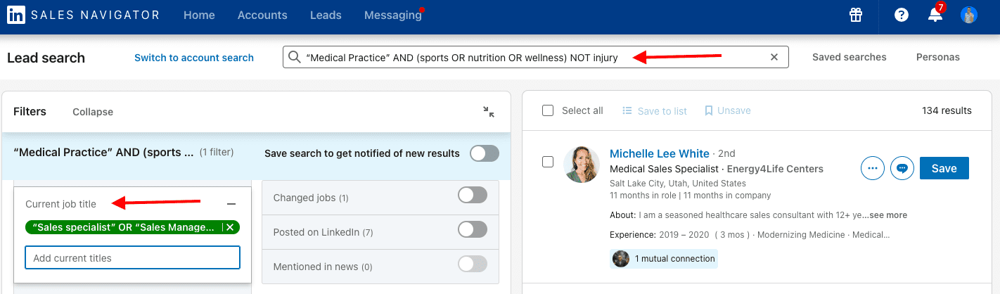 Sales Navigator Boolean search screenshot