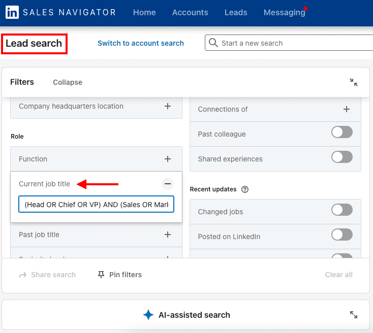 Sales Navigator lead filters example